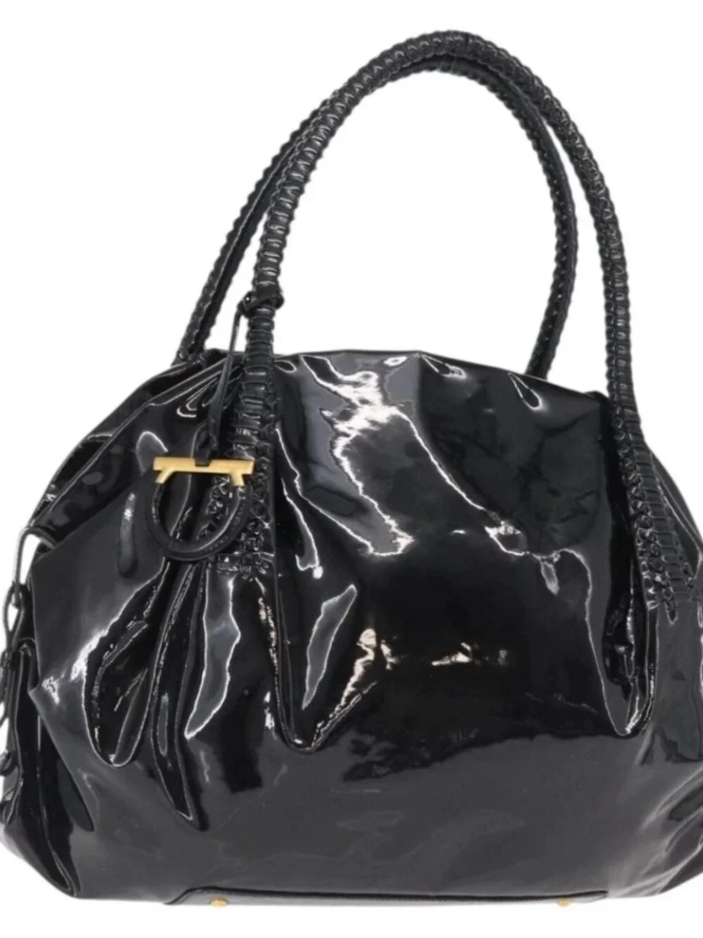 Salvatore Ferragamo Gancini Tote Bag Patent leather Black Gold Auth BA9545